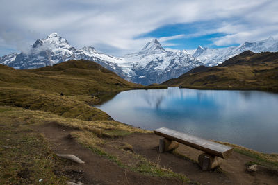 Scenic view of lake by mountains against sky