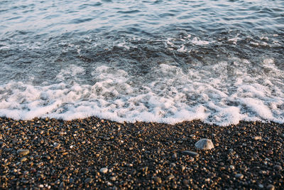 Seashore with pebbles and stones in the evening at sunset