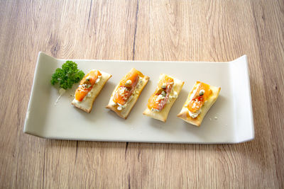 High angle view of food served on table