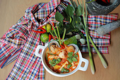 High angle view of breakfast served on table