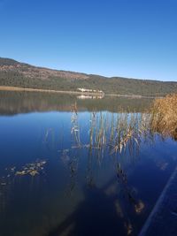 Scenic view of lake against clear blue sky