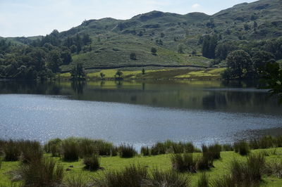 Scenic view of lake with mountains in background