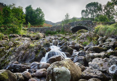 Scenic view of waterfall in forest against sky