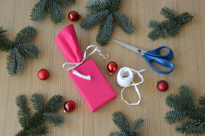 High angle view of christmas decoration on table