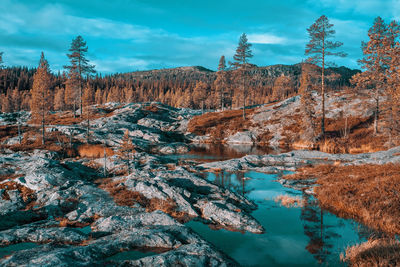 View of rocks in river against cloudy sky