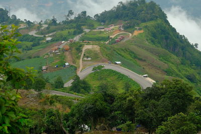 High angle view of trees and mountains