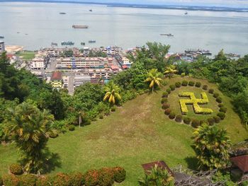 High angle view of city by sea and trees