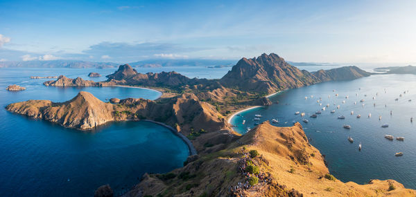 Scenic view of sea and mountains against sky