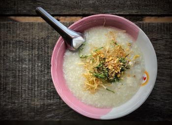 High angle view of soup in bowl on table