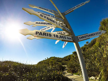 Low angle view of information sign against clear blue sky