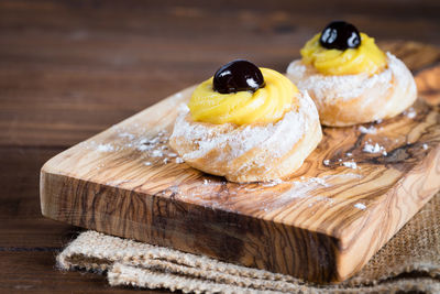 Close-up of dessert on cutting board