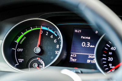 Close-up of tachometer in car