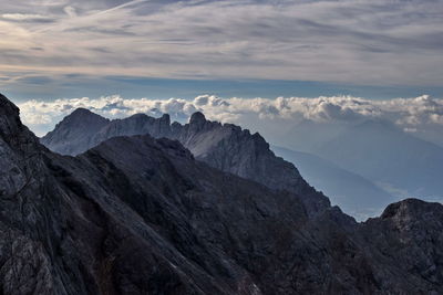 Idyllic view of mountains against cloudy sky