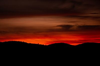 Scenic view of silhouette mountain against dramatic sky during sunset