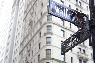 Low angle view of road sign against building