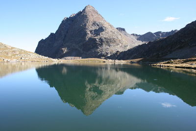 Scenic view of lake and mountains against blue sky