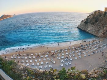 High angle view of beach against sky during sunset