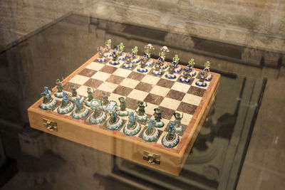 High angle view of chess board on table