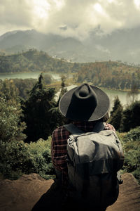 Rear view of man looking at landscape against sky