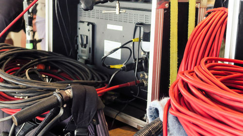 Close-up of equipment with cables in factory