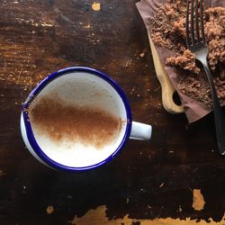 High angle view of coffee cup on table