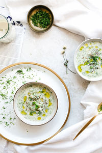 High angle view of food in bowls on table