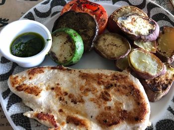 High angle view of food in plate on table