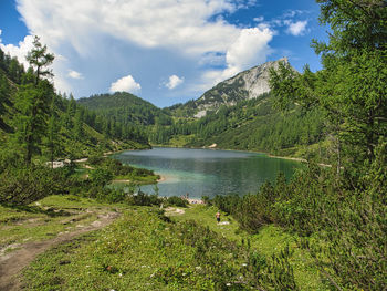 Scenic view of lake by trees against sky