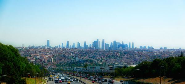 Panoramic view of city against clear sky