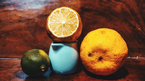 High angle view of lemon on table