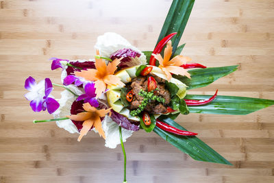 High angle view of flower bouquet on table