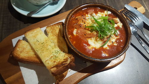 High angle view of breakfast served on table