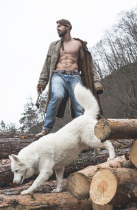 Low angle view of young man with axe standing by dog on logs