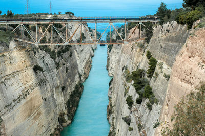 Bridge over river against blue sky