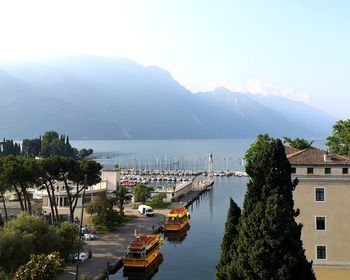 High angle view of sailboats in city