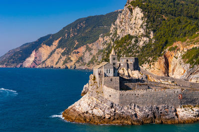 Scenic view of sea by mountain against sky