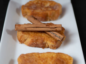 High angle view of bread in plate on table