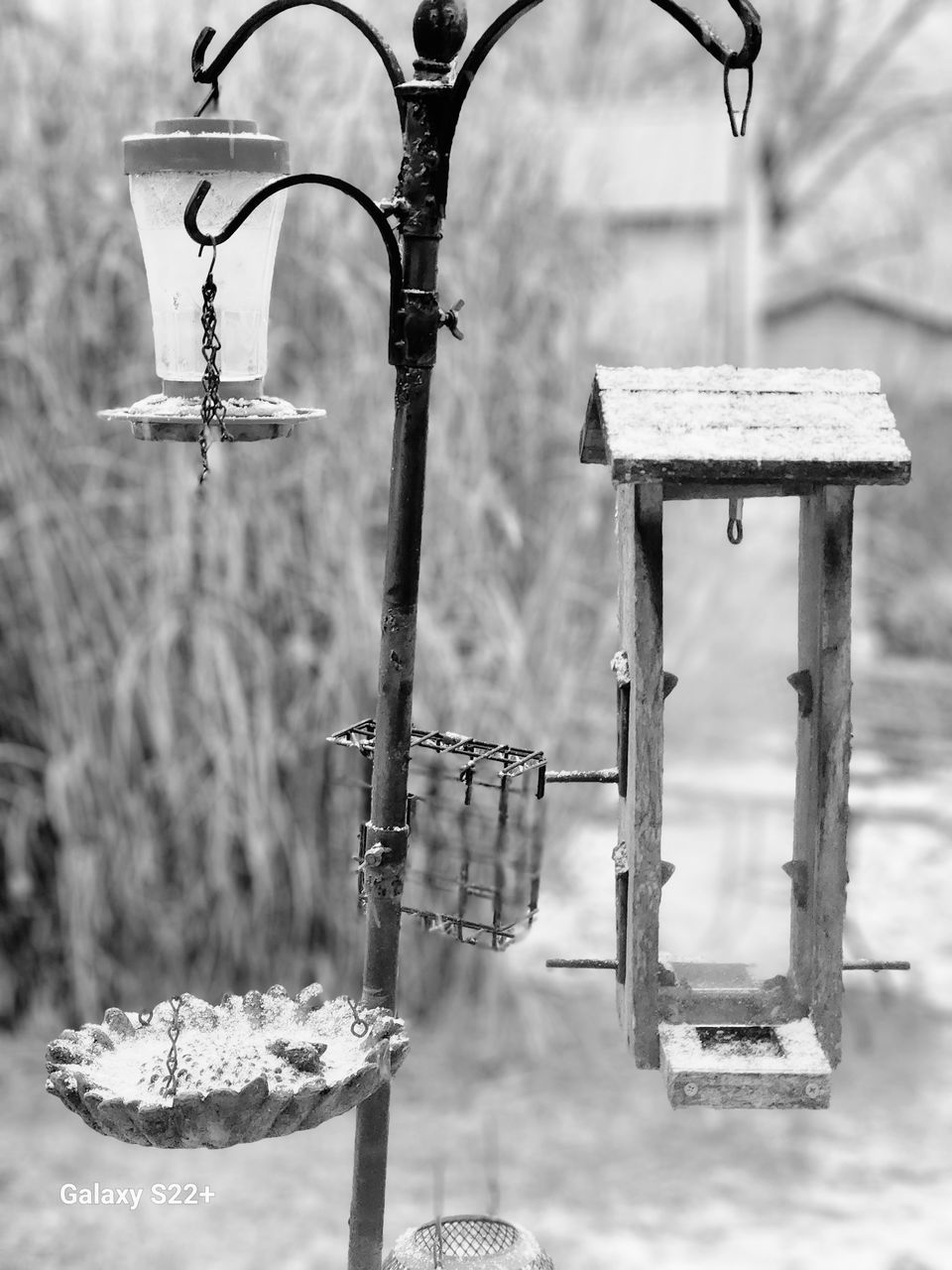 black and white, iron, monochrome photography, lighting, no people, focus on foreground, monochrome, nature, metal, day, white, outdoors, furniture, street light, lighting equipment