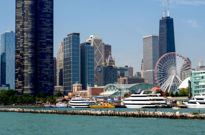 July 14 2014, chicago il, navy pier stands along lake michigan, with the chicago skyline  behind it