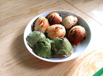 High angle view of food in plate on table