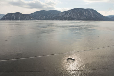 View of beautiful drawings on ice from cracks on the surface of lake teletskoye in winter, russia