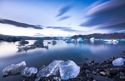 Scenic view of ice in lake against sky