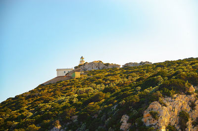 Low angle view of rock formations against clear sky