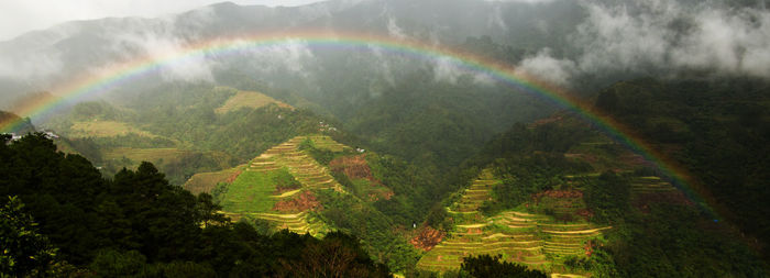 Scenic view of rainbow over mountain against sky