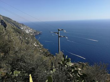 Scenic view of sea against clear blue sky