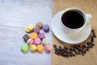 High angle view of coffee cup on table