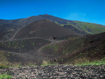 Scenic view of mountains against clear blue sky
