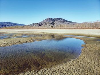 Scenic view of lake and mountains against clear blue sky