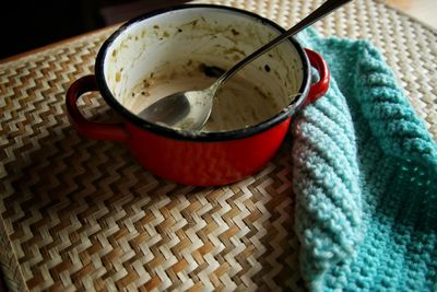 High angle view of empty pot on table