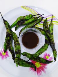 High angle view of served food in plate